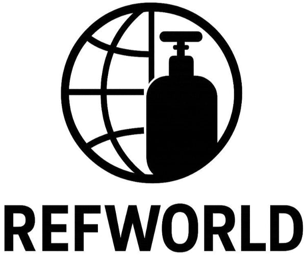 Logo of REF WORLD with a globe and refilling station symbol on a white background